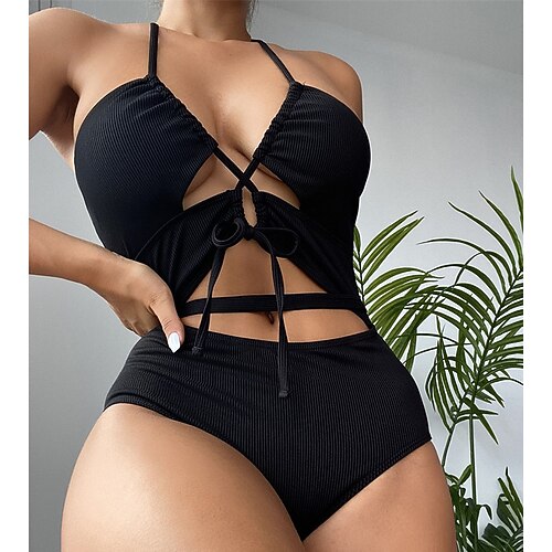 

Mulheres Roupa de Banho Uma pedaço Monoquíni Fatos de banho Normal roupa de banho Sem costas Com Corte Cor imaculada Preto Decote em V-wire Fatos de banho Sensual Férias Moda / Moderno / novo