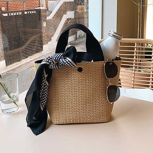

Women's Top Handle Bag Straw Bag Holiday Beach Bag Pearls Geometric Daily Going out White Black
