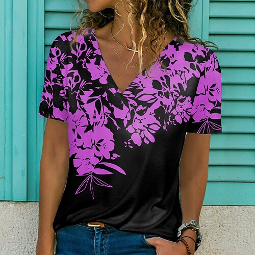 

Women's T shirt Tee Green Blue Purple Floral Print Short Sleeve Casual Weekend Basic V Neck Regular Floral Painting S / 3D Print