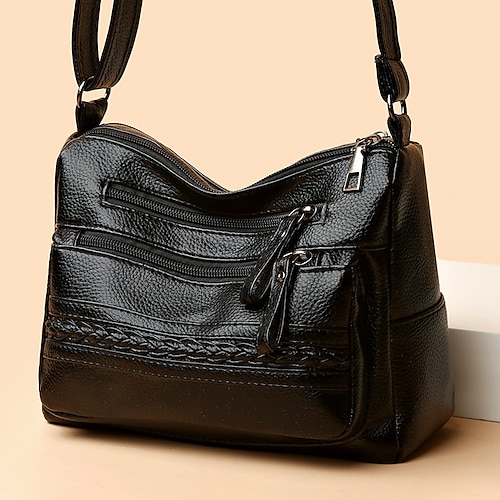 

Women's Work Bag Tote PU Leather Zipper Solid Color Daily Outdoor Black Red