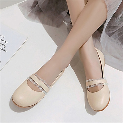 

Damen Flache Schuhe Ballerina Mary Jane Täglich Sommer Spitze Flacher Absatz Runde Zehe Süß PU Leder Halbschuhe Einfarbig Weiß Beige