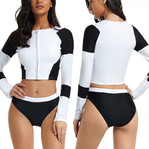 

Mulheres Maiô Rashguard Proteção Solar UV UPF50 Respirável Manga Longa Roupa de Banho Roupa de banho 2 Peças Zíper Frontal Natação Surfe Praia Esportes Aquáticos Retalhos Verão / Com Stretch / Leve