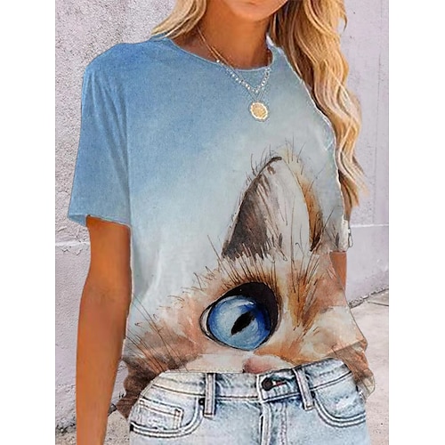 

Women's T shirt Tee Light Blue Animal Cat Print Short Sleeve Casual Daily Basic Round Neck Regular Loose Fit Cat S / 3D Print