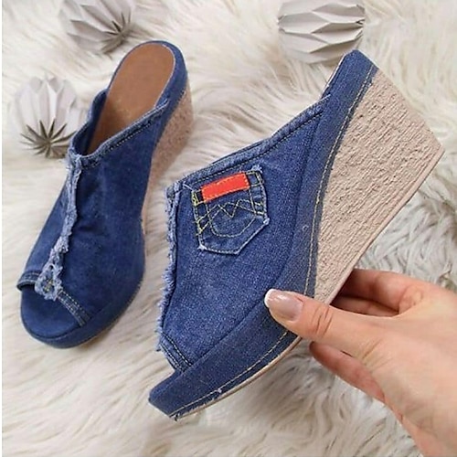 

Women's Mules Daily Wedge Sandals Platform Sandals Summer Platform Wedge Heel Peep Toe Casual Denim Loafer Black Blue