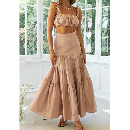 

Women's Tube Top Skirt Sets Sexy Green Pink Casual Vacation Plain Ruched Ruffle Strap S M L XL