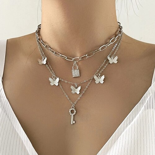

Layered Necklace Women's Layered Keys Butterfly Personalized Luxury Elegant Romantic Fashion Lovely Silver 36 cm Necklace Jewelry 1pc for Gift Holiday Valentine's Day Promise Festival irregular