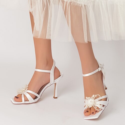 

Mujer Zapatos de boda Boda Fiesta Sandalias de boda Verano Perla de Imitación Purpurina Flor Tacón de Aguja Puntera abierta Elegante Dulce Satén Tira de tobillo Color sólido Blanco Marfil Plateado