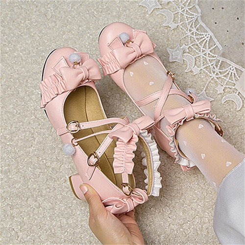 

Women's Lolita Shoes Daily Summer Bowknot Chunky Heel Round Toe Sweet Faux Leather Ankle Strap Solid Colored Rosy Pink White