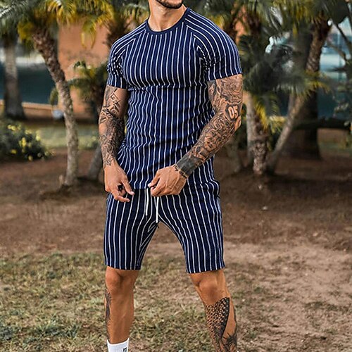 

Herre T-skjorte drakter Joggedress Tennis skjorte Shorts og T-skjorte sett Sett Stripet Crew-hals utendørs Gate Kortermet 2 deler Klær Sport Mote Designer Fritid
