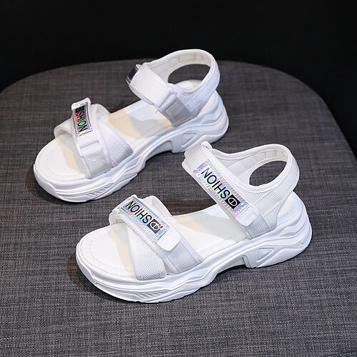 

Women's Sandals Dad Sandals Summer Flat Heel Round Toe Casual Walking Shoes PU Leather Loafer Black White