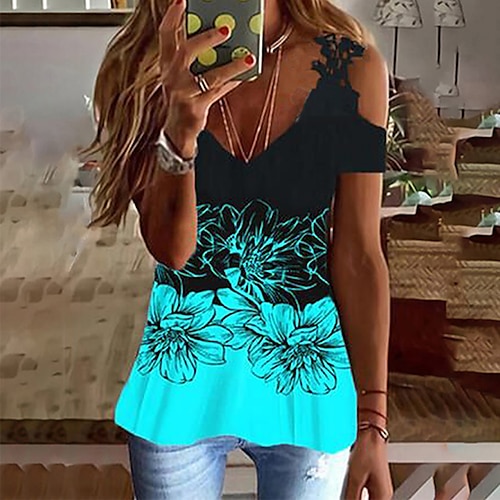 

Women's T shirt Tee Blue Pink Dusty Blue Graphic Flower Lace Patchwork Short Sleeve Casual Daily Ethnic V Neck Regular Loose Fit Floral S / 3D Print / Print