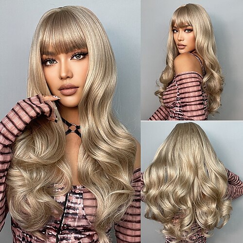

Synthetic Wigs For Women Long Wave Wigs Light Brown Mix Blonde Golden Wavy Wigs with Bangs for White/Black Women