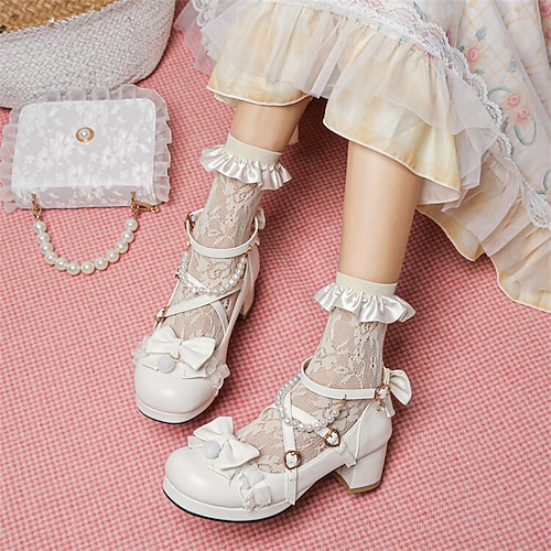 

Women's Lolita Shoes Daily Summer Bowknot Chunky Heel Round Toe Sweet Faux Leather Ankle Strap Solid Colored Rosy Pink Beige White