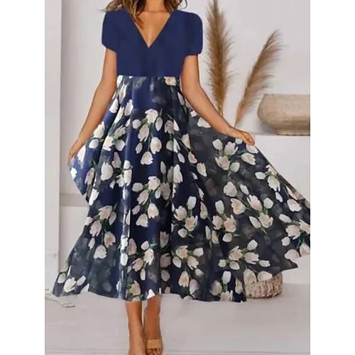 Buy Damen A Linie Kleid Midikleid Blau Kurzarm Blumen Gerüscht Bedruckt Frühling Sommer V-Ausschnitt Alltag Sexy 2022 S M L XL XXL 3XL. Picture
