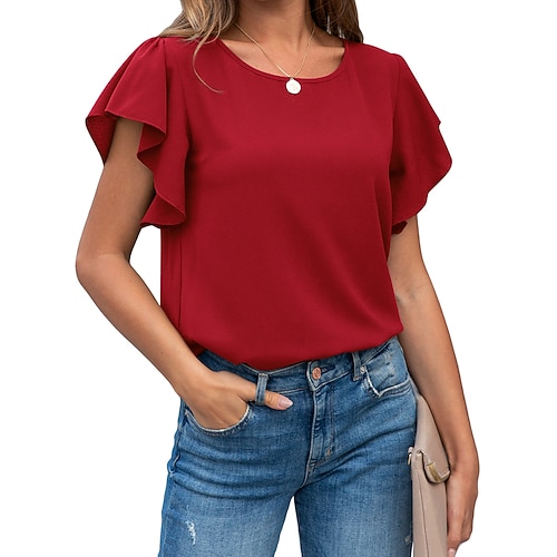 

Women's T shirt Tee Green Blue Wine Plain Ruffle Short Sleeve Casual Daily Basic Round Neck Regular S