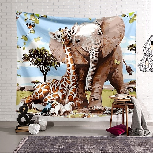 

Wall Tapestry Art Decor Blanket Curtain Hanging Home Bedroom Living Room Decoration Polyester Elephants and Giraffes Snuggle Each Other