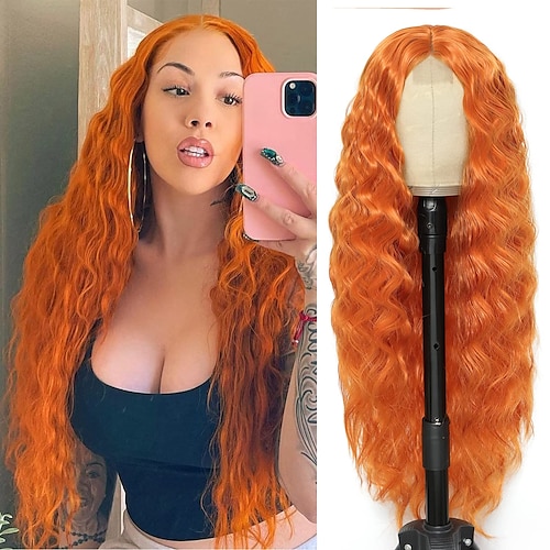 

Deep Wavy Front Wig Ginger Curly Hair Wig Front Lace Fake Scalp Wig Middle Part Synthetic Wig Suitable for Ladies and Girls Everyday Party Wig Ginger Orange