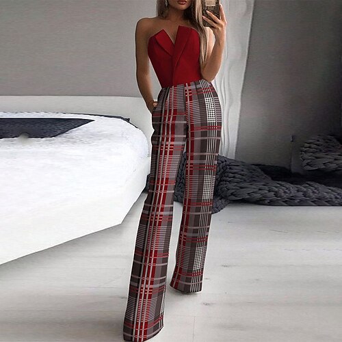 

Women's Jumpsuit Backless Pocket Plaid Strapless Streetwear Party Work Regular Fit Sleeveless Red S M L Spring / Print