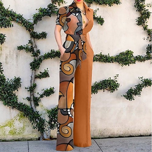

Women's Jumpsuit Patchwork Print Color Block Shirt Collar Elegant Daily Vacation Straight Regular Fit Short Sleeve Brown S M L Spring