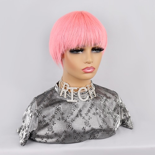 

Remy Human Hair Wig Short Natural Straight Pixie Cut With Bangs Pink Classic Women Best Quality Machine Made Brazilian Hair Women's Unisex Pink 4 inch Party Daily Daily Wear