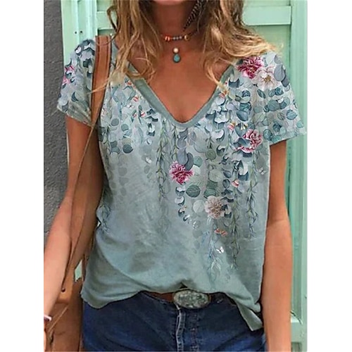 

Women's Casual Daily T shirt Tee Floral Short Sleeve Patchwork Print V Neck Basic Tops Green S / 3D Print