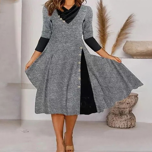 

Women's Sheath Dress Gray Long Sleeve Color Block Patchwork Winter Fall Autumn V Neck Weekend Loose Fit 2022 S M L XL XXL 3XL