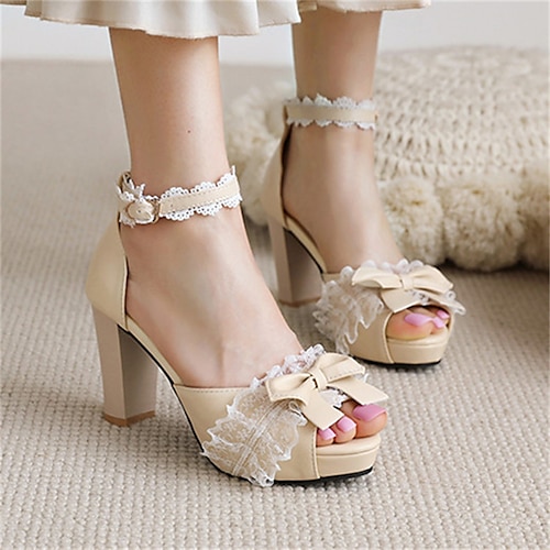 

Damen Sandalen Plateausandalen Sandalen mit Knöchelriemen Täglich Sommer Schleife Spitze Plattform Blockabsatz Knöchelriemen Absatz Peep Toe Süß PU Leder Knöchelriemen Einfarbig Mandelfarben Schwarz