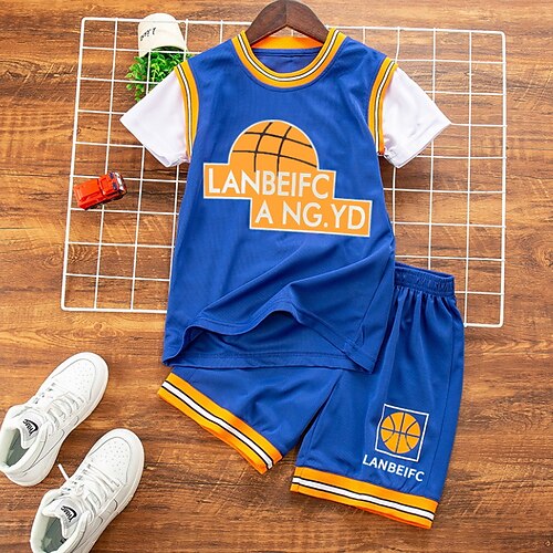 

2 Pieces Kids Boys T-shirt Shorts Tracksuits Outfit Letter Print Short Sleeve Print Set Training Sports Daily Spring Summer 3-12 Years Blue