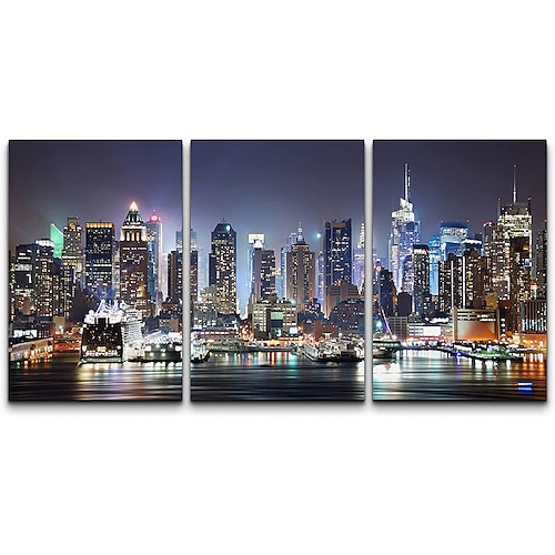 

3 Panels Wall Art Canvas Prints Painting Artwork Picture Canvas Wall Art NYC Manhattan Skyline at Night Modern Home Decoration Decor Rolled Canvas No Frame Unframed Unstretched