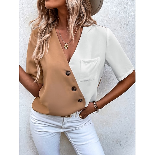 

Women's Blouse Shirt Khaki Plain Button Short Sleeve Daily Casual V Neck Regular S