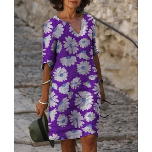 

Women's Shift Dress Midi Dress Blue Purple Yellow Half Sleeve Print Fall Spring Autumn V Neck Hot Loose Fit S M L XL XXL 3XL 4XL 5XL
