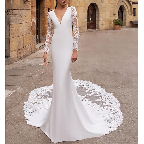 

Mermaid / Trumpet Wedding Dresses V Neck Court Train Lace Stretch Satin Long Sleeve Illusion Sleeve with Embroidery 2022