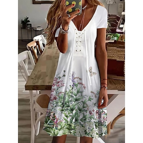 

Women's A Line Dress Knee Length Dress White Short Sleeve Floral Print Butterfly Ruched Print Fall Spring V Neck Casual Sexy 2022 S M L XL XXL 3XL