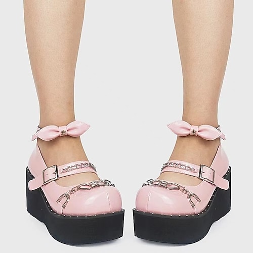 

Women's Lolita Shoes Lolita Party Daily Summer Chunky Heel Round Toe Classic Sweet Walking Shoes PU Leather Loafer Solid Colored Black Rosy Pink