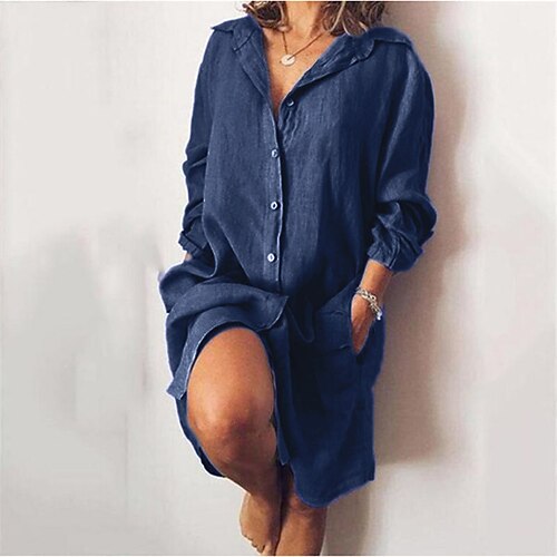 

Women's Shirt Dress Knee Length Dress Green Blue White Black Gray Red Navy Blue Yellow Long Sleeve Solid Color Pure Color Pocket Button Fall Spring Shirt Collar Casual Modern Loose 2022 S M L XL XXL