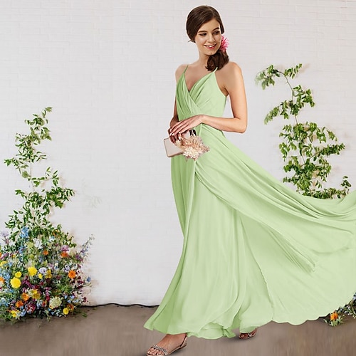 

A-Line Bridesmaid Dress V Neck / Spaghetti Strap Sleeveless Sexy Floor Length Chiffon with Pleats 2022