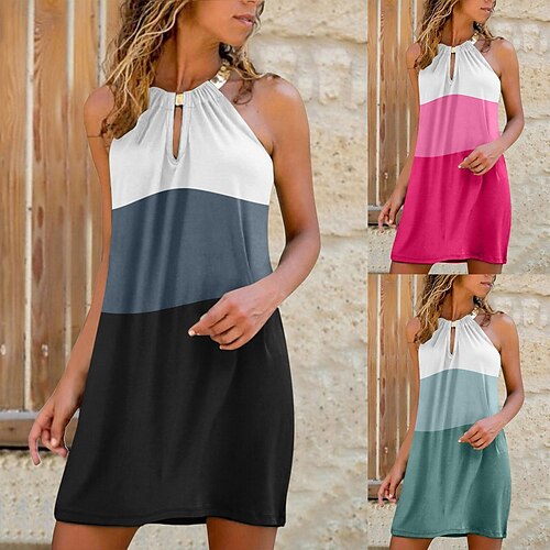 

women's fashion sexy color matching halter beach dress