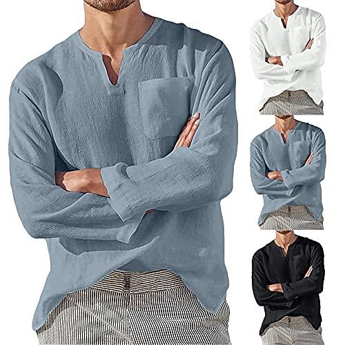 

Men's Long Sleeve Henley Shirt Pocketed V-Neck Pure Color Loose Tshirt Casual Tops Blouse