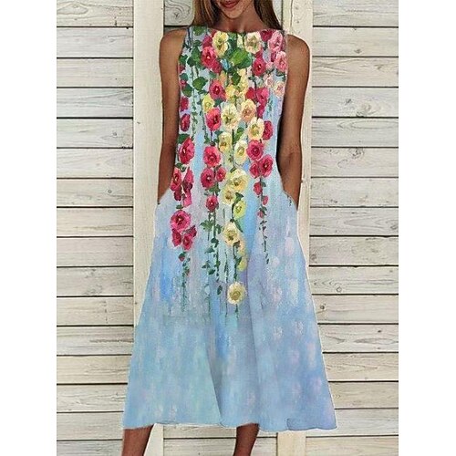 

Women's Casual Dress Shift Dress Midi Dress Light Blue Ash White powder Sleeveless Floral Print Spring Summer Crew Neck 2022 S M L XL 2XL XXXL
