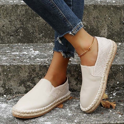 

Women's Slip-Ons Loafers Daily Espadrilles Plus Size Flat Heel Round Toe Classic PU Leather Loafer Solid Colored Black Beige