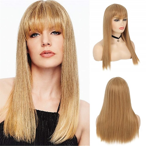 

Blonde Wigs with Bangs Honey Blonde Long Straight Wigs for Women with Bangs Synthetic Wig Heat Resistant Natural Looking Full Wigs for Daily Party Cosplay