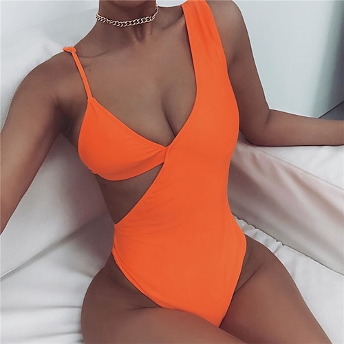 

Women's Swimwear One Piece Monokini Bathing Suits trikini Normal Swimsuit Open Back Cut Out Pure Color Yellow Wine Orange Coffee V Wire Bathing Suits Sexy Vacation Fashion / Modern / New