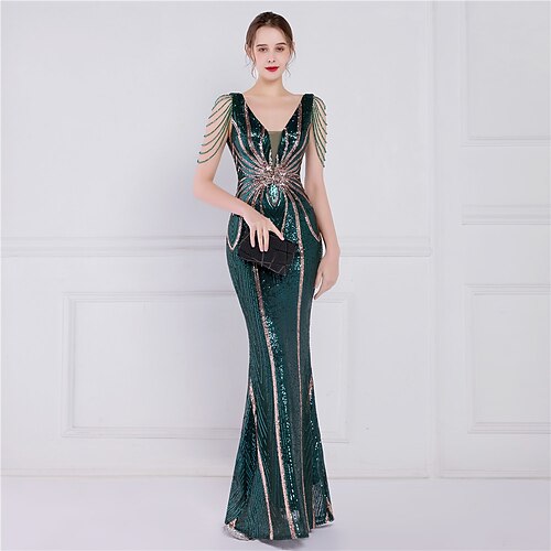 

A sirena Vestiti da sera Elegante Vestito Invitati del matrimonio Lungo Senza maniche A V Con strass V Indietro con Perline Lustrini 2023