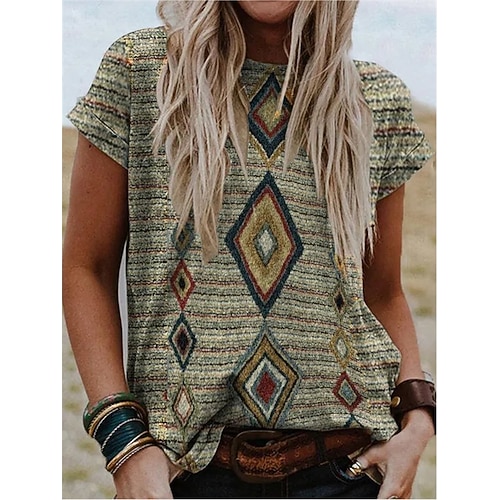 

Women's T shirt Tee Rainbow Geometric Tribal Patchwork Print Short Sleeve Casual Daily Basic Ethnic Round Neck Regular S / 3D Print
