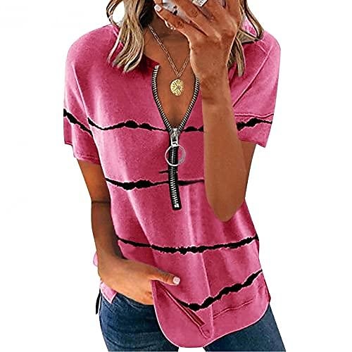 

Cute Womens Tops, Womens Tops Striped Print Tunic V Neck Zipper Tees Short Sleeve Blouses Casual Loose Shirts