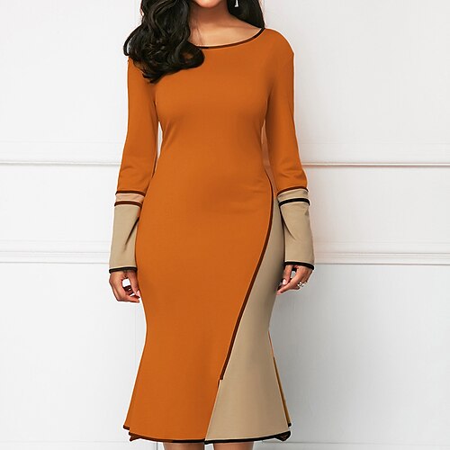 

Women's Sheath Dress Knee Length Dress Black Khaki Yellow Long Sleeve Color Block Patchwork Spring Summer Crew Neck Stylish Work Modern 2022 S M L XL XXL 5XL