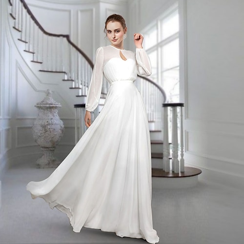 

A-Line Wedding Dresses Jewel Neck Sweep / Brush Train Chiffon Long Sleeve Simple with Pleats Solid Color 2022