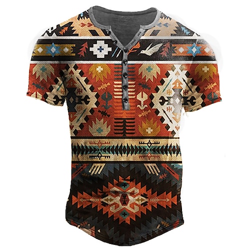 

Men's T shirt Tee Henley Shirt Tee Graphic Tribal Argyle Henley Red 3D Print Plus Size Outdoor Casual Short Sleeve Button-Down Print Clothing Apparel Designer Casual Retro Military / Summer / Summer