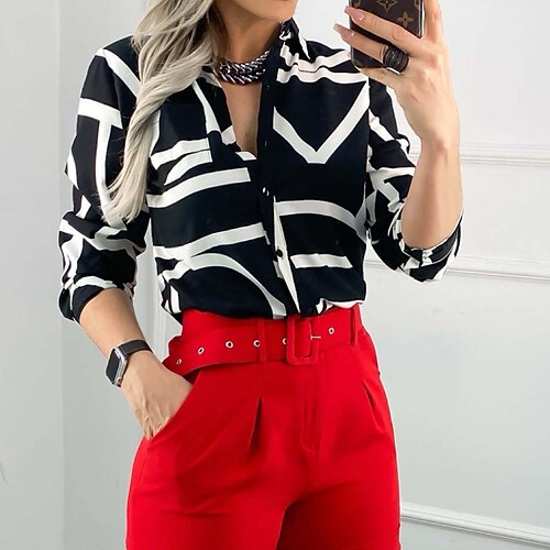 

Women's Blouse Shirt Orange White Black Graphic Geometric Button Print Long Sleeve Daily Weekend Streetwear Casual Shirt Collar Regular Geometric S