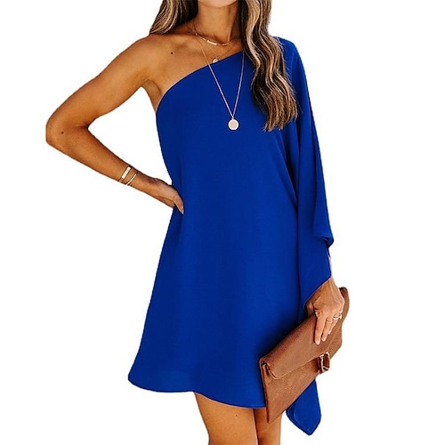 

Women's Shift Dress Short Mini Dress Green White Black Blue Pink Dark Green Fuchsia Dark Blue Red Apricot 3/4 Length Sleeve Pure Color Cold Shoulder Summer One Shoulder Basic Essential Casual 2022 S